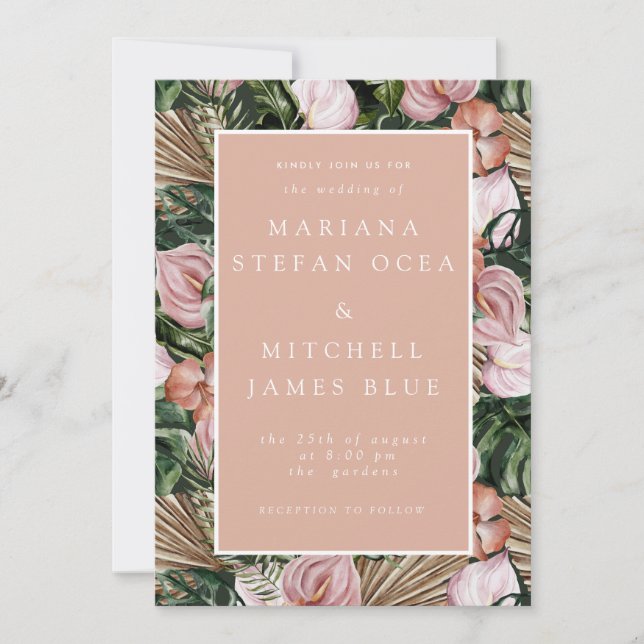 Invitation Romantique Tropical Floral Pink Green pêche (Devant)