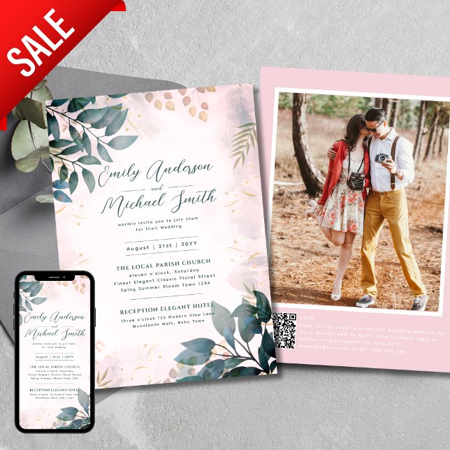Invitation Romantique Turquoise Blush Photo Qr Code Mariage R (Créateur téléchargé)