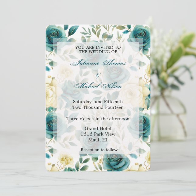 Invitation Romantique Turquoise Cream Roses Floral Mariage (Debout devant)