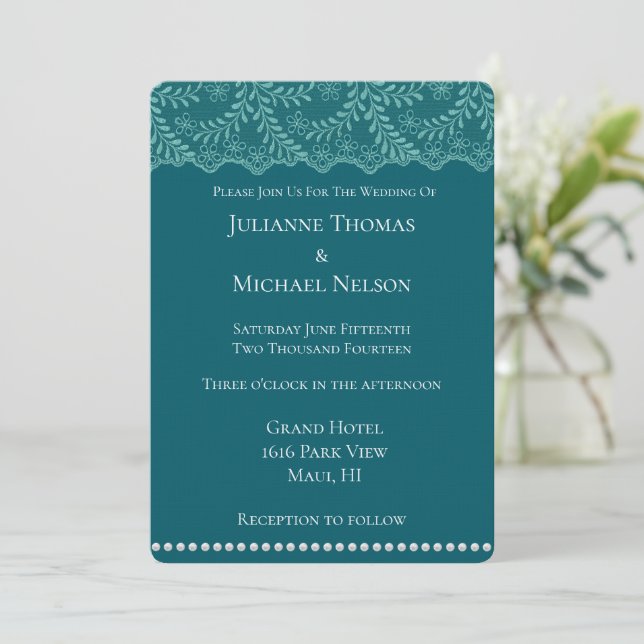 Invitation Romantique Turquoise dentelle Floral blanc Mariage (Debout devant)