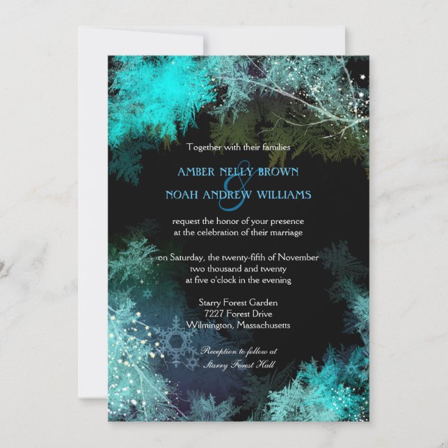 Invitation Romantique Turquoise Mariage de forêt d'hiver (Devant)
