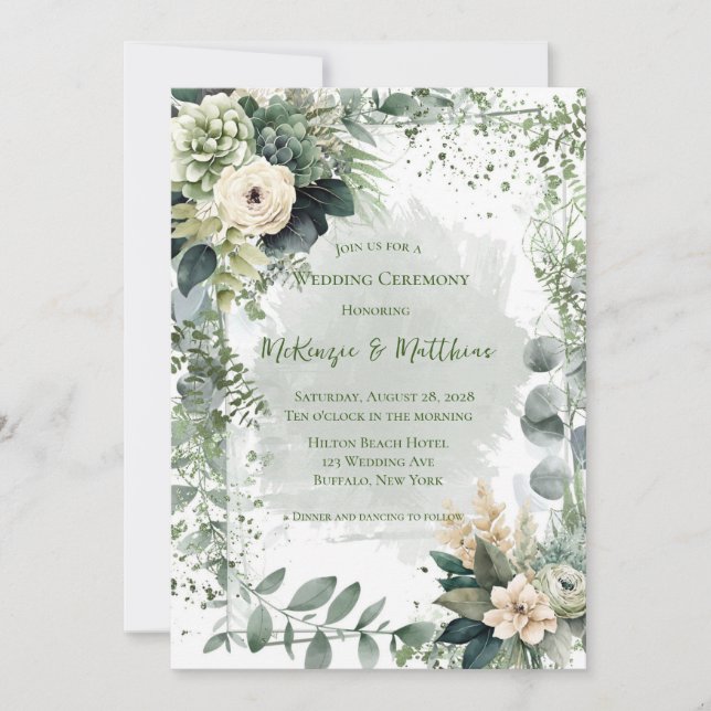 Invitation Romantique Vert Beige Peony Mariage (Devant)