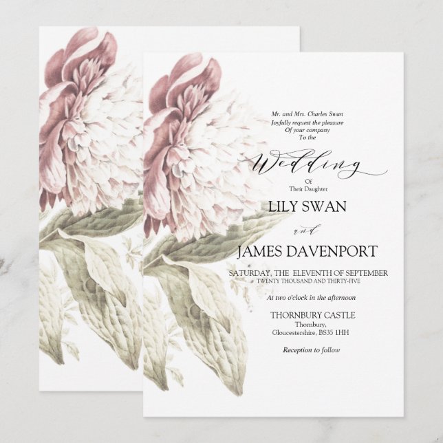 Invitation Romantique Vintage Peony Mariage (Devant / Derrière)
