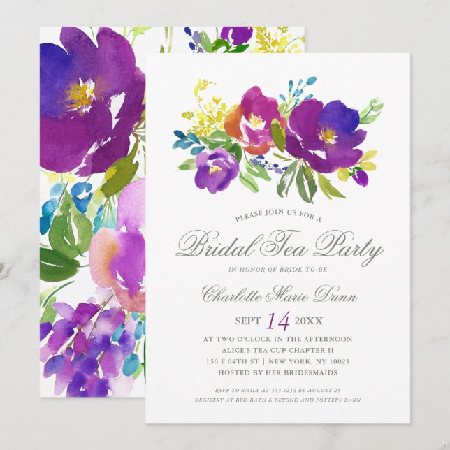 Invitation Romantique Violet Floral Douche nuptial (Devant / Derrière)