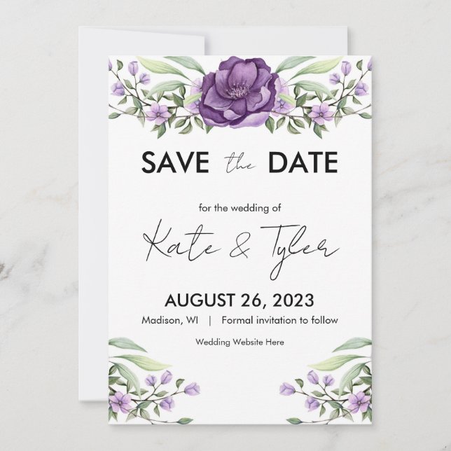 Invitation Romantique violet Floral et verdure Enregistrer la (Devant)