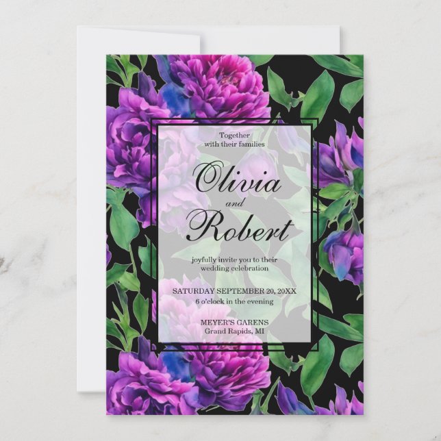 Invitation Romantique violet magenta aquarelle pivoines MARIA (Devant)