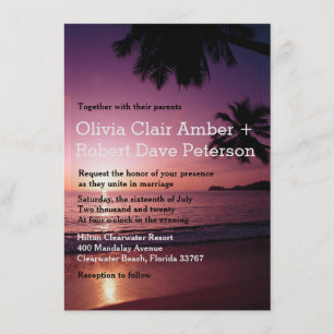 Invitation Romantique Violet Plage Coucher de soleil Palms Ma