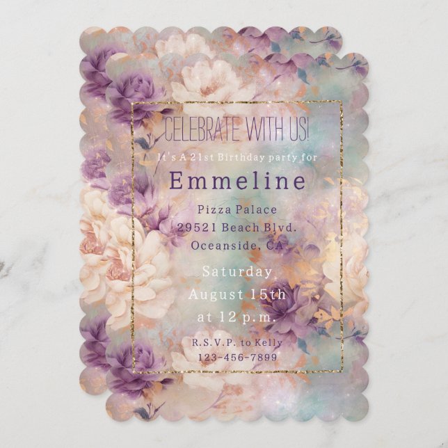 Invitation Romantique violet Turquoise Blush Floral (Devant / Derrière)