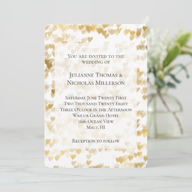 Invitation Romantique White Gold Hearts Mariage (Debout devant)