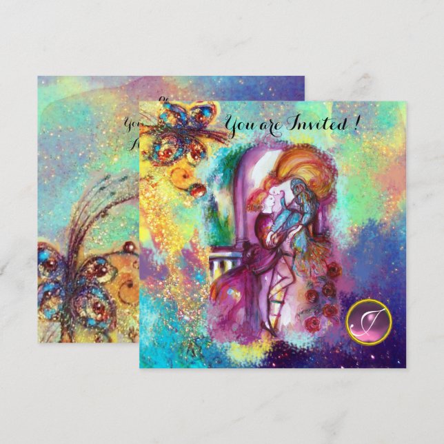 Invitation ROMEO ET JULIET Floral Blue Gold Étincelles (Devant / Derrière)