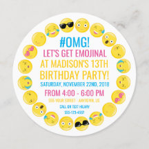 Invitation ronde de fête d'anniversaire d'Emoji