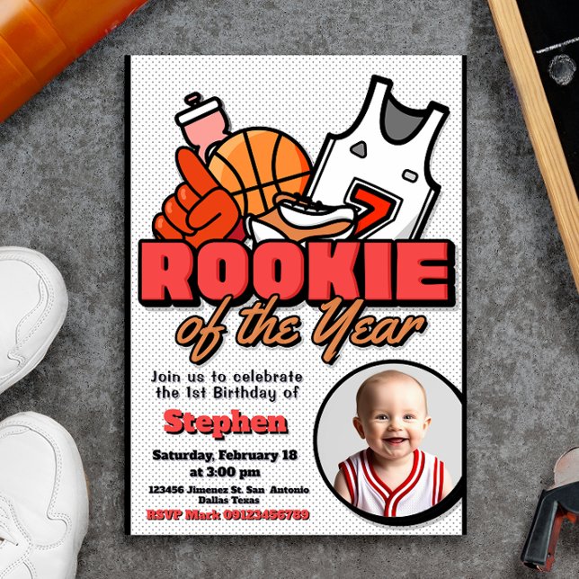 Invitation Rookie de l'année - Garçon premier anniversaire Ba (Rookie of the Year - Boy First Birthday Basketball Invitation with Photo Picture)