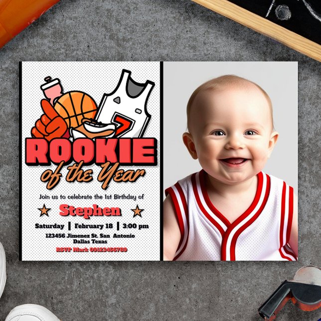 Invitation Rookie de l'année - Garçon premier anniversaire Ba (Rookie of the Year - Boy First Birthday Basketball Landscape Invitation with Photo Picture)