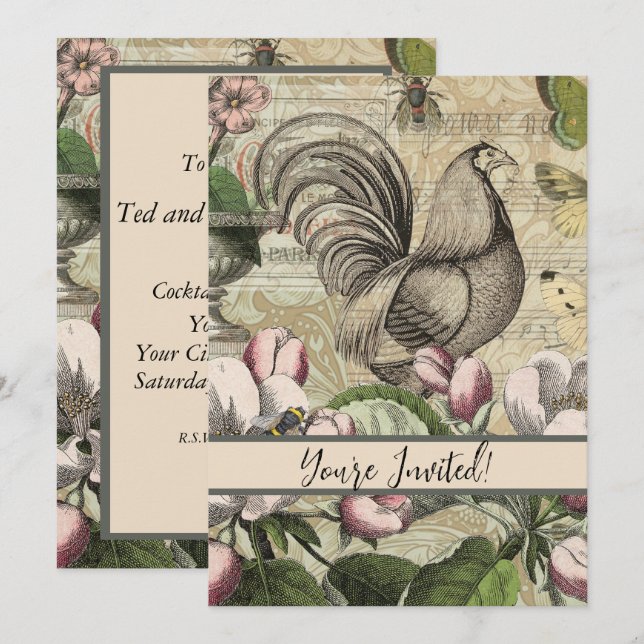 Invitation Rooster Garden Flower Papillon Art (Devant / Derrière)