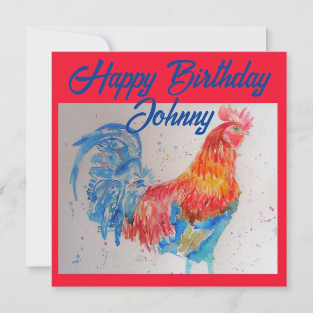 Invitation Rooster Rouge aquarelle peinture Joyeux anniversai (Devant)