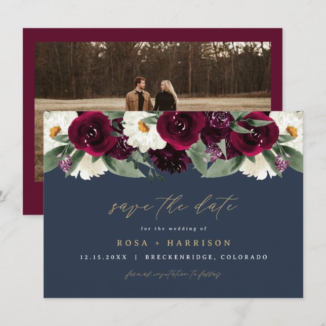 Invitation ROSA Rich Bourgogne Floral Navy Photo Enregistrer  (Devant / Derrière)