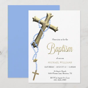 Invitation Rosaire Bleu Décor Croix Baptême