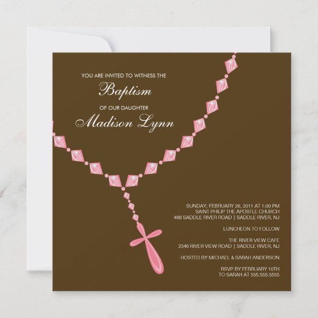 Invitation Rosaire Brown et rose Baptême de petite fille (Devant)