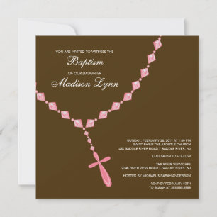 Invitation Rosaire Brown et rose Baptême de petite fille