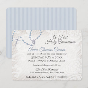 Invitation Rosaire et dentelle première communion bleu