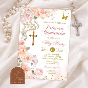 Invitation Rosaire floral à fleurs roses Communion catholique