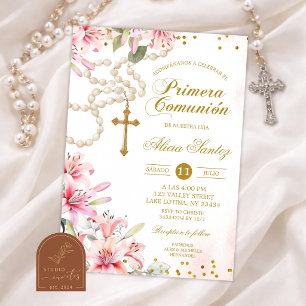 Invitation Rosaire floral lis rose Primera Comunion espagnole