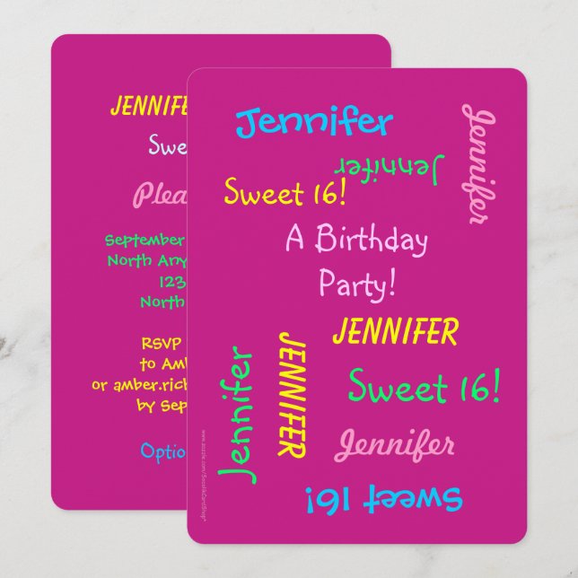 Invitation rose 16 Soirée, Personnalisé, Noms (Devant / Derrière)