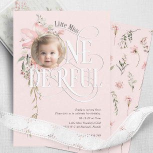 Invitation Rose 1er anniversaire Miss Onederful Fleur sauvage