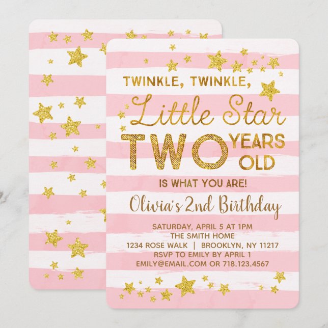 Invitation rose 2e anniversaire Twinkle Little Sta (Devant / Derrière)