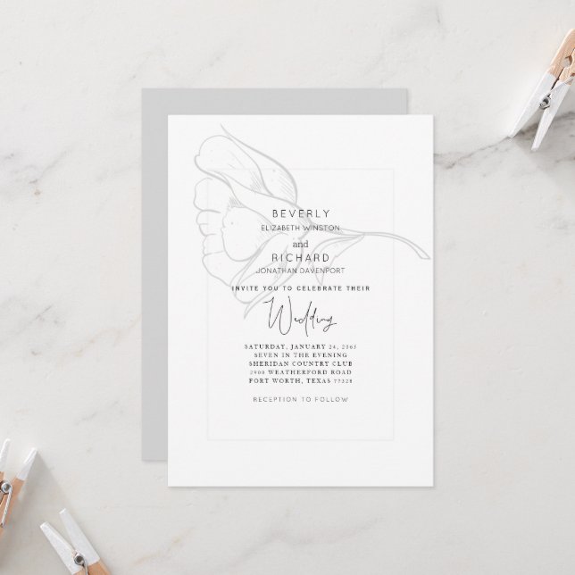 Invitation Rose à main simple Mariage blanc (Devant/Arrière en situation)