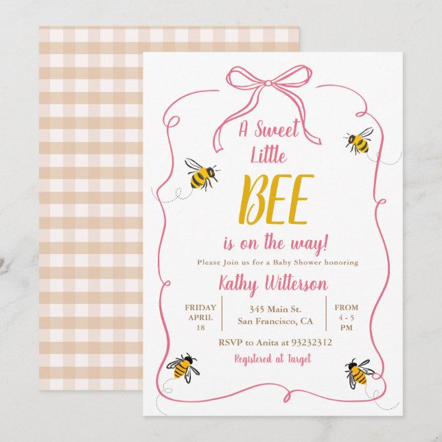 Invitation Rose A Sweet Petit Miel En vichy Baby shower (Devant / Derrière)