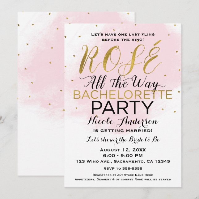 Invitation Rosé All Way Bachelorette Party Rose & Or (Devant / Derrière)