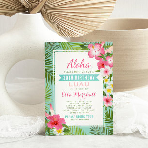 Invitation rose Anniversaire tropical avec Luau et fleurs