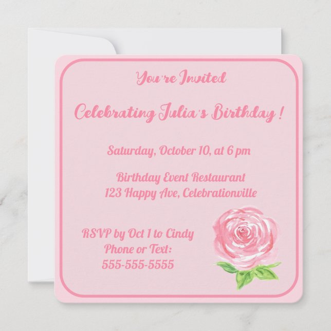 Invitation Rose aquarelle peinte à la main BON ANNIVERSAIRE  (Devant)