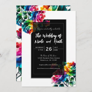 Invitation Rose arc-en-ciel noir et blanc Mariage floral vif
