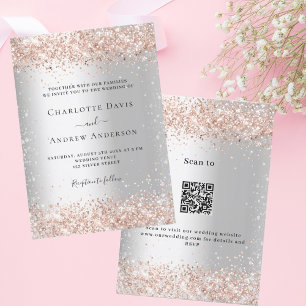 Invitation Rose argent or code QR RSVP détails mariage