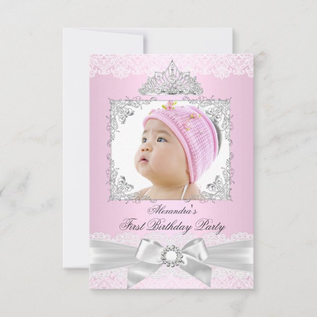 Invitation rose & Argent Princesse Fille Premier anniversaire (Devant)