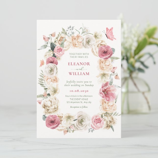 Invitation Rose arrangement de fleurs pastel aquarelle mariag (Debout devant)