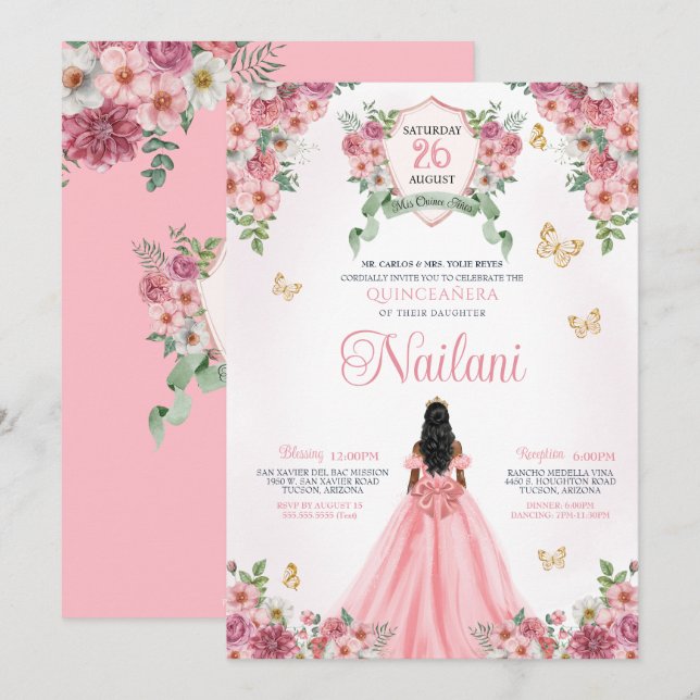 Invitation Rose avec des papillons d'or Rose Bloom Quinceaner (Devant / Derrière)