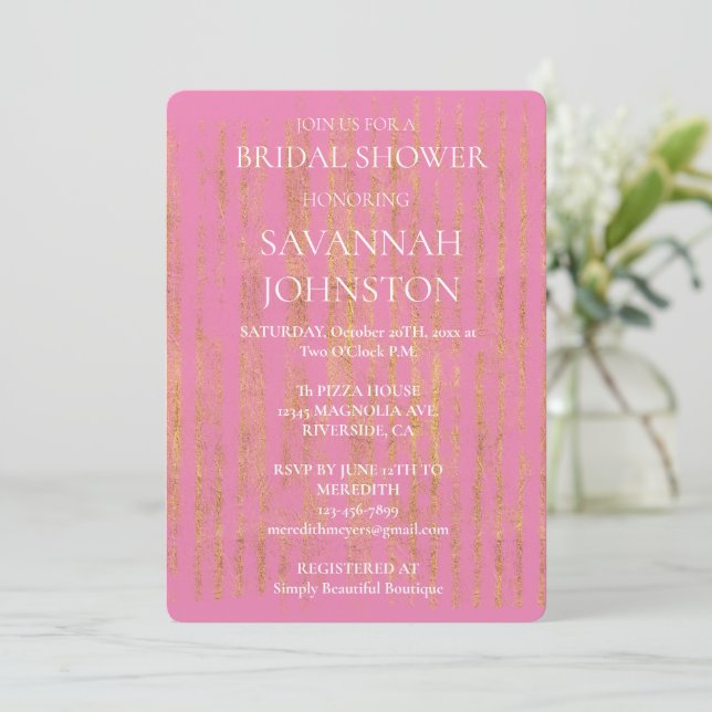 Invitation Rose avec Glam Gold Chic Stripes Fête des mariées (Debout devant)