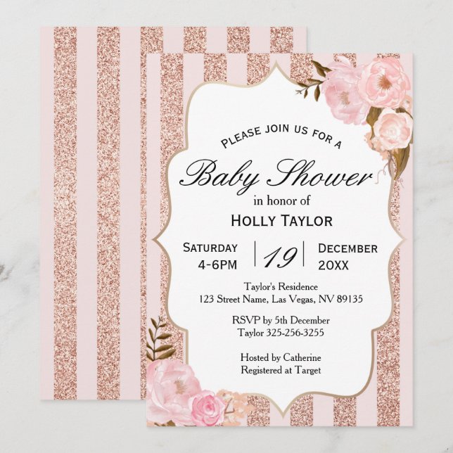 Invitation rose Baby shower d'or (Devant / Derrière)