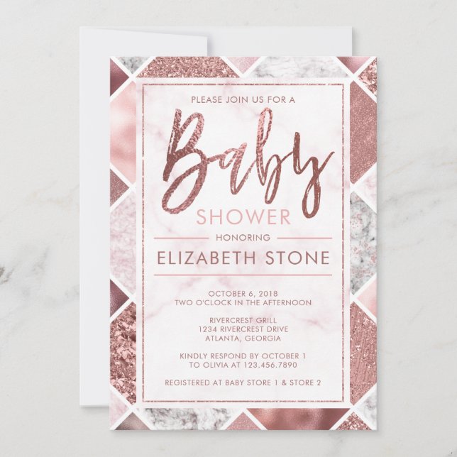 Invitation rose Baby shower d'or (Devant)