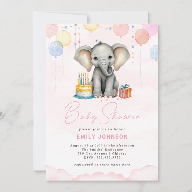 Invitation rose Baby shower éléphant (Devant)