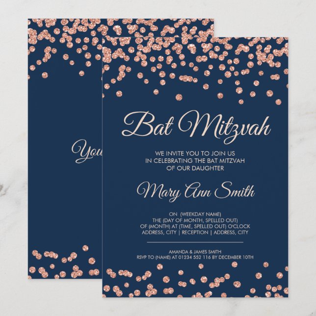 Invitation Rose bat mitzvah Gold Faux Parties scintillant Con (Devant / Derrière)