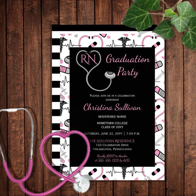 Invitation Rose | Black Médicale Nurse Graduation Party (Pink and Black Medical Nurse Nursing Graduation Party Invitation - Print and/or Download)