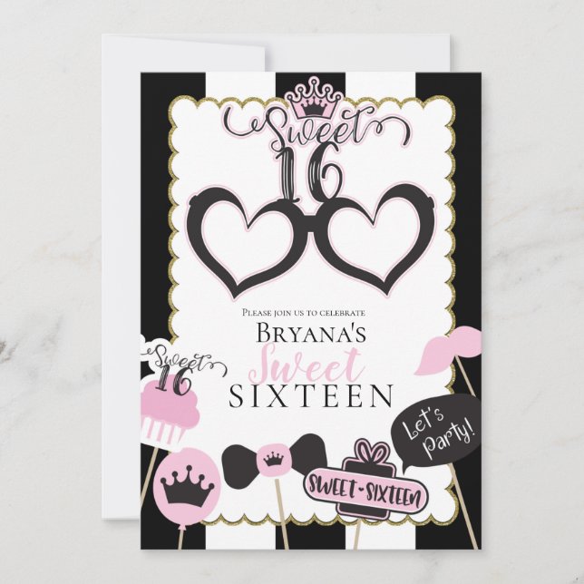 Invitation Rose Black Sweet 16 Photo Booth Anniversaire fête (Devant)