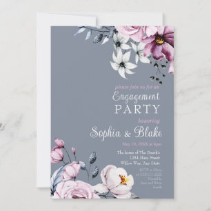 Invitation Rose, Blanc & Bleu Floral   Soirée de Fiançailles 