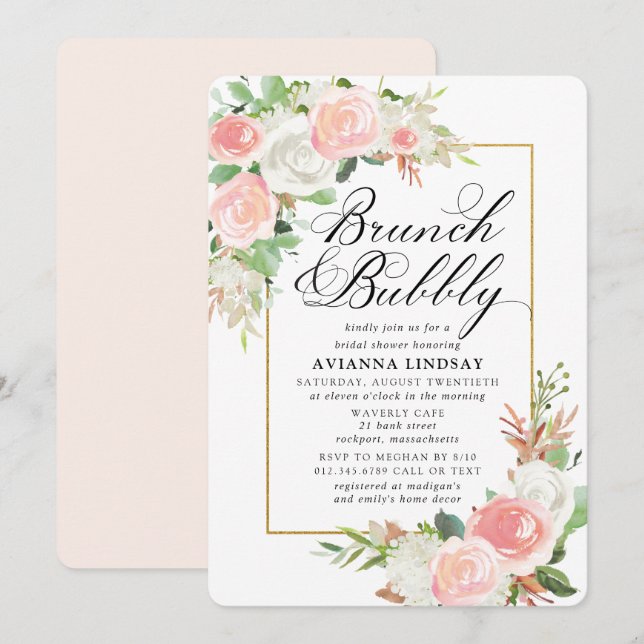 Invitation Rose Blanc Floral Bridal Brunch Bubbly Douche (Devant / Derrière)