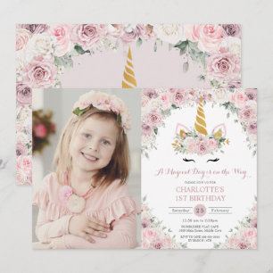 Invitation Rose Blanc Floral Cute Unicorn 1er Anniversaire Ph