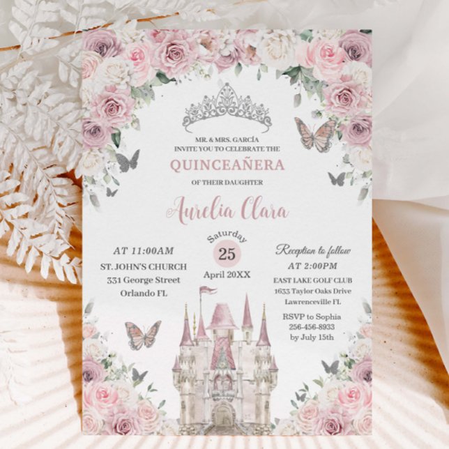 Invitation Rose Blanc Floral Princesse Château Quinceañera XV (light-dusty-pink-white-floral-princess-castle-silver-Quinceañera-15th-sweet-16-birthday-party-invite)